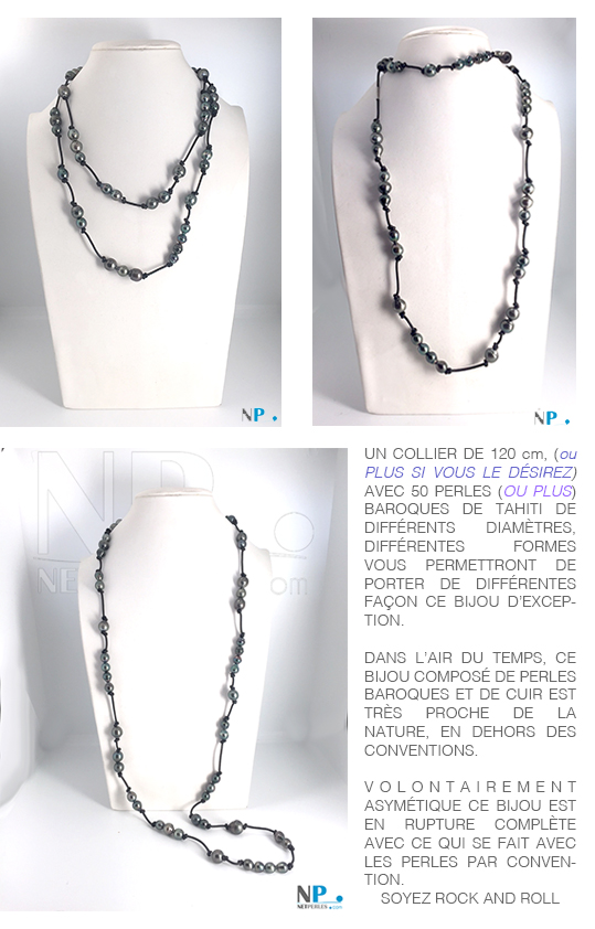 Magnifique et extraordinaire collier de perles de Tahiti montees sur cuir